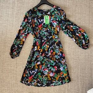 ICHI EcoVero Floral Print Short A-Line Dress Balloon Sleeve V-Neck Size 40